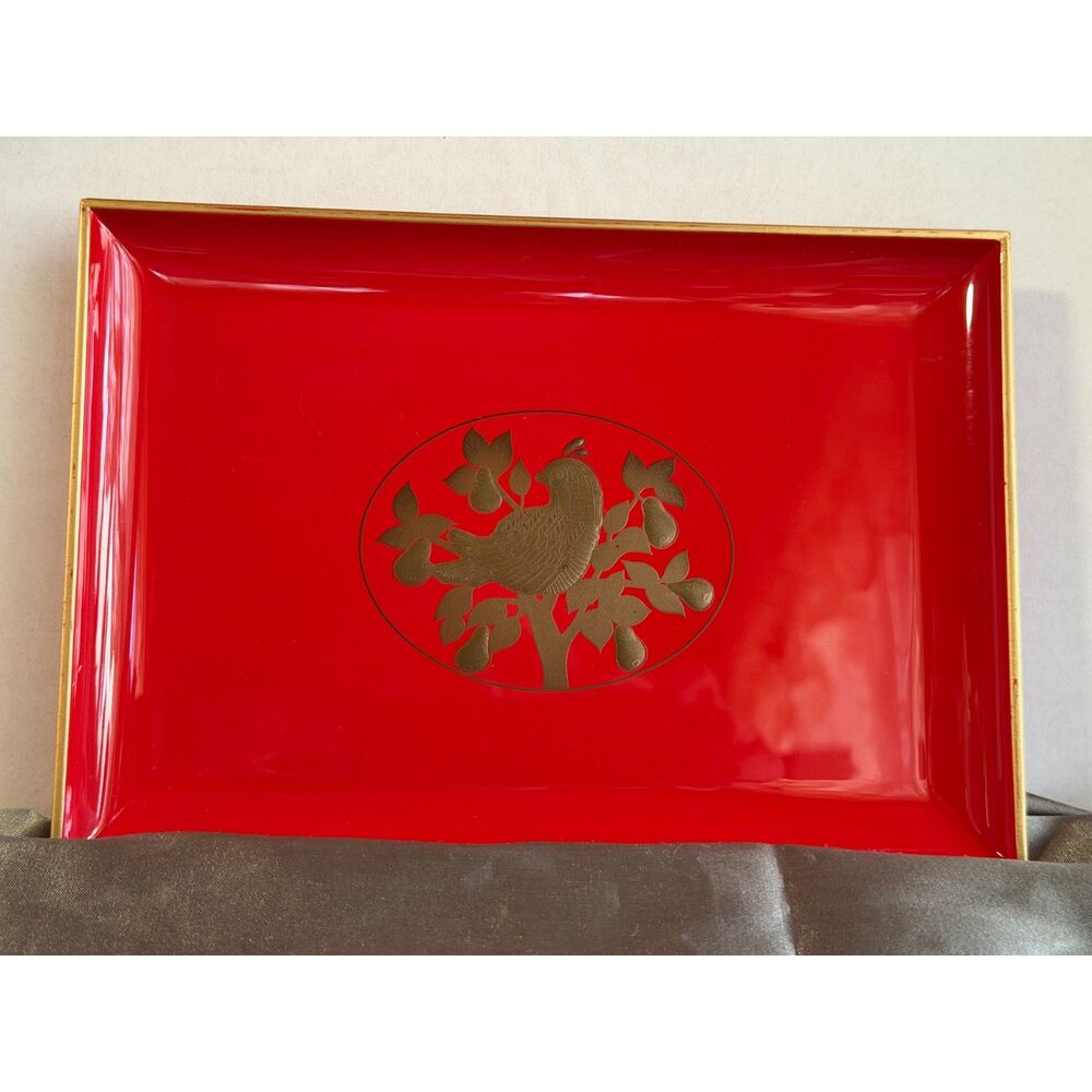 Vintage Otagiri Japan Red Lacquer Tray Gold Bird Vanity Serving Tray